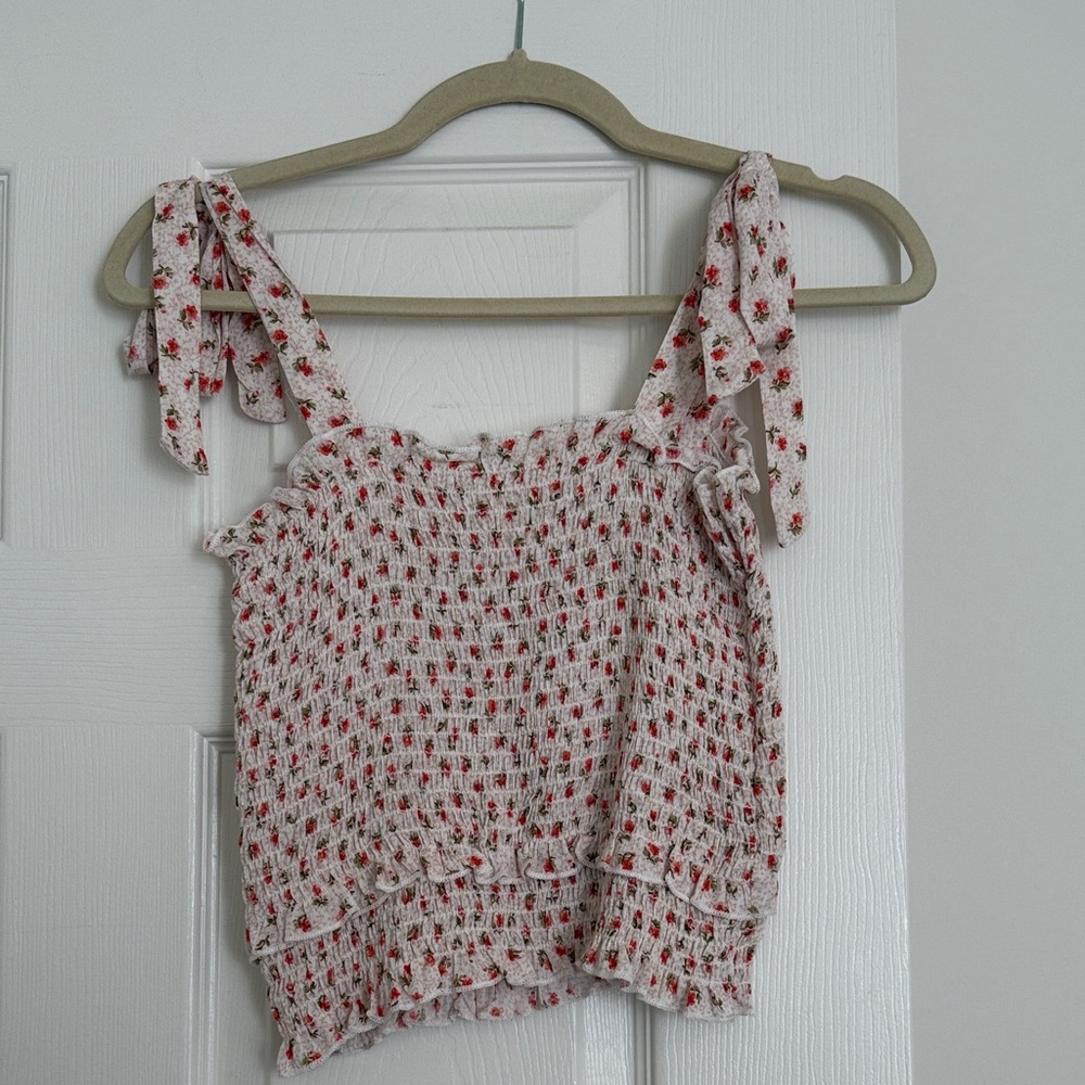 Chic Red Floral Smocked Tank Top
